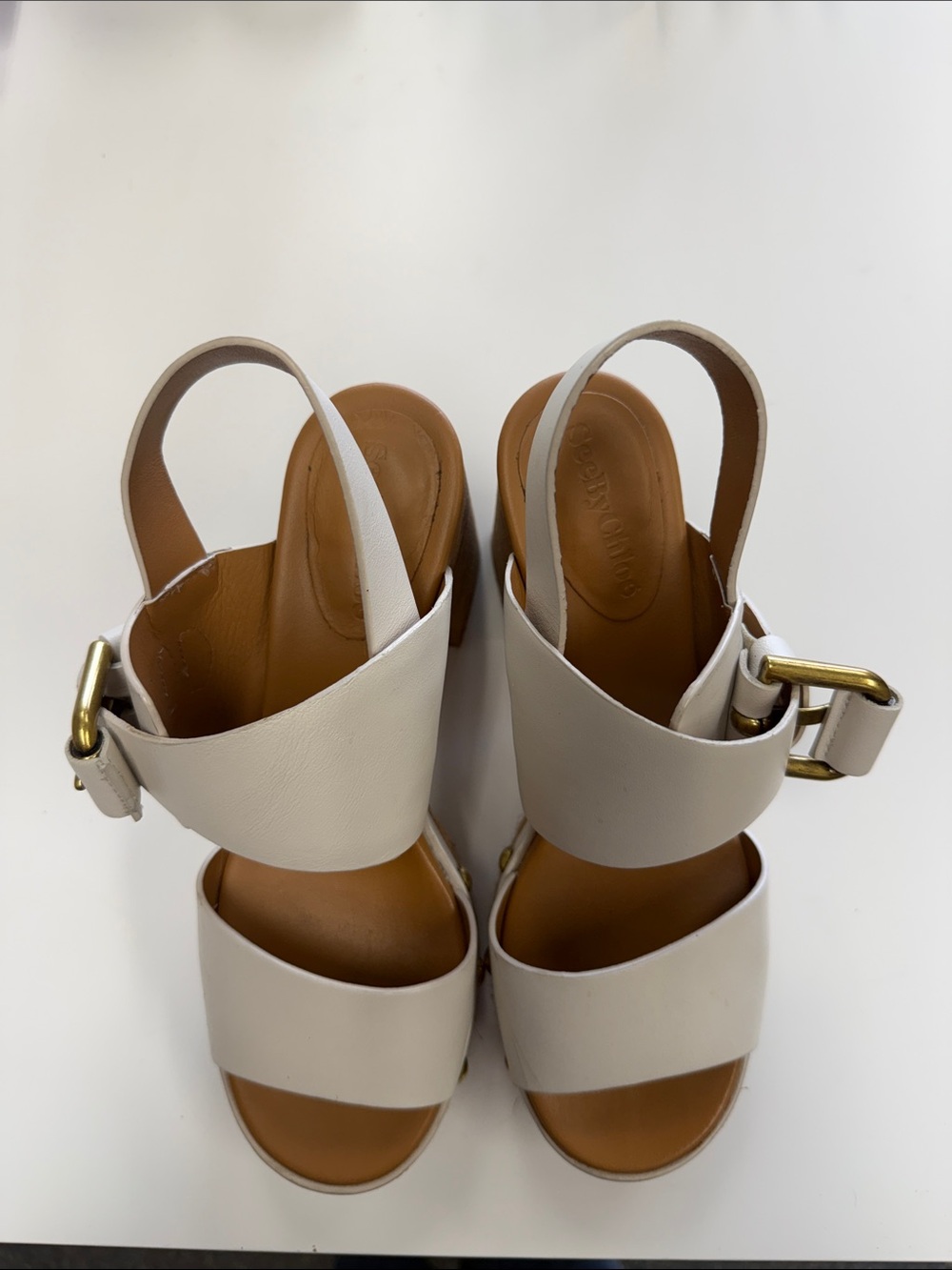 See By Chloe Women’s White Leather Slingback Platform Sandals with Gold Buckle